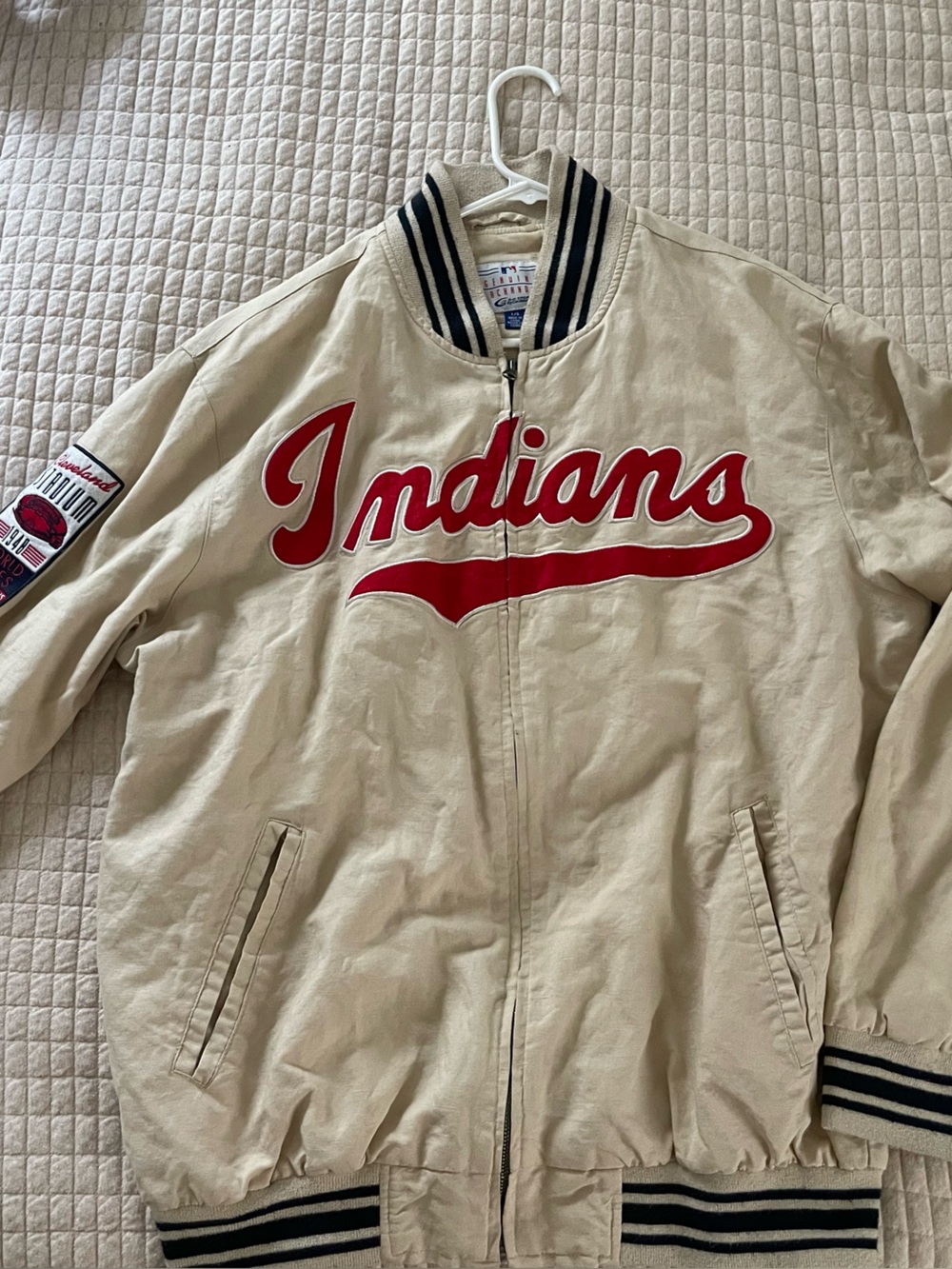 Indians Guardians baseball Script Bomber Jacket in Beige and Red - Picture 3 of 4